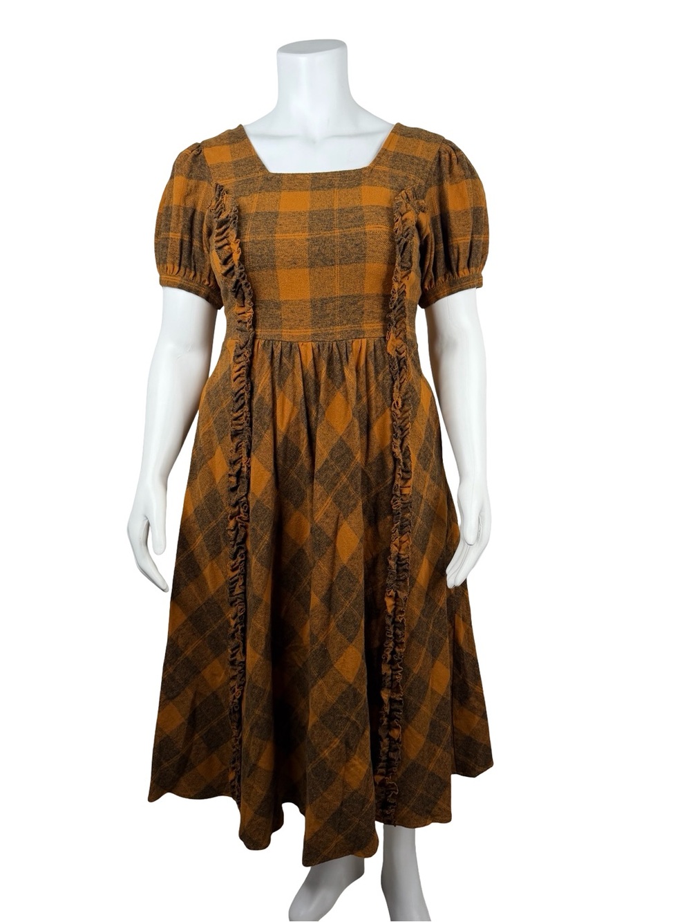 Ivy City Co Holly Plaid Flare Brown Plaid Midi Dress with Puff Sleeves Sz. XL